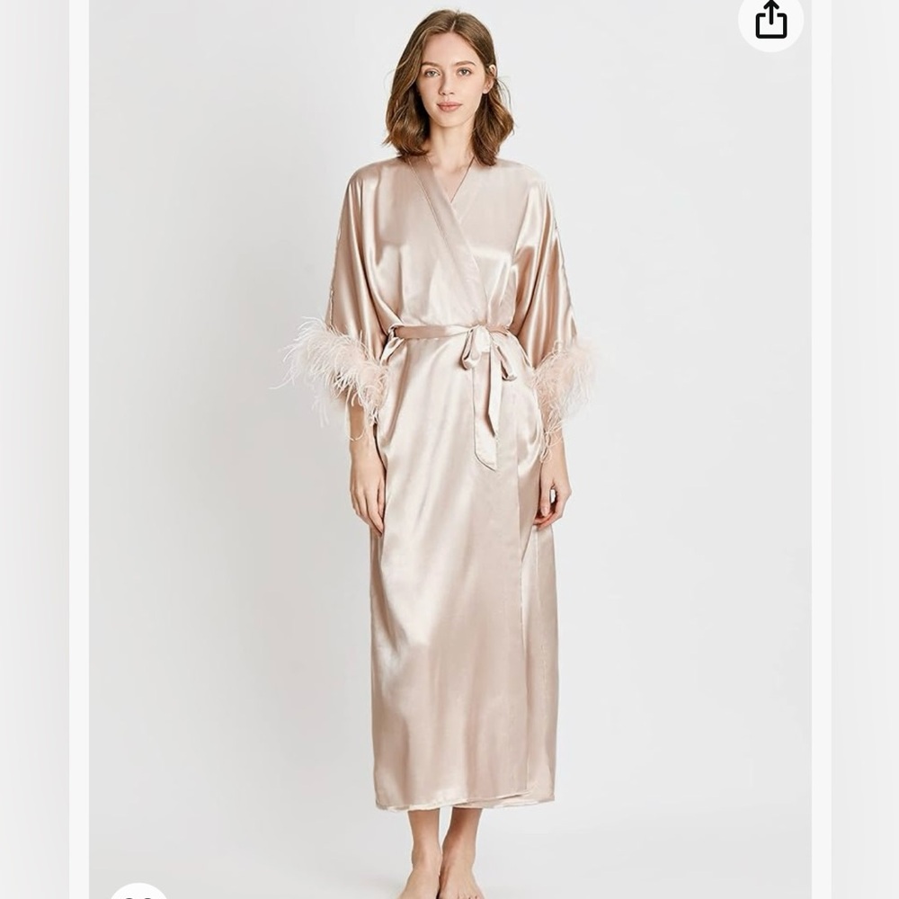 Satin Kimono Robe Long Bath Robe with Ostrich Feather Trim Robe